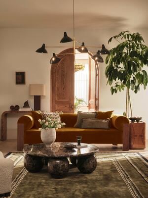 Eldon Three Seater Sofa - Walnut - Velvet - Mustard - Hover Image